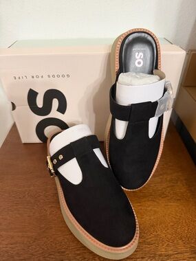 SO black suede & tan slip on platform backless Mary Jane buckle clog size 8.5